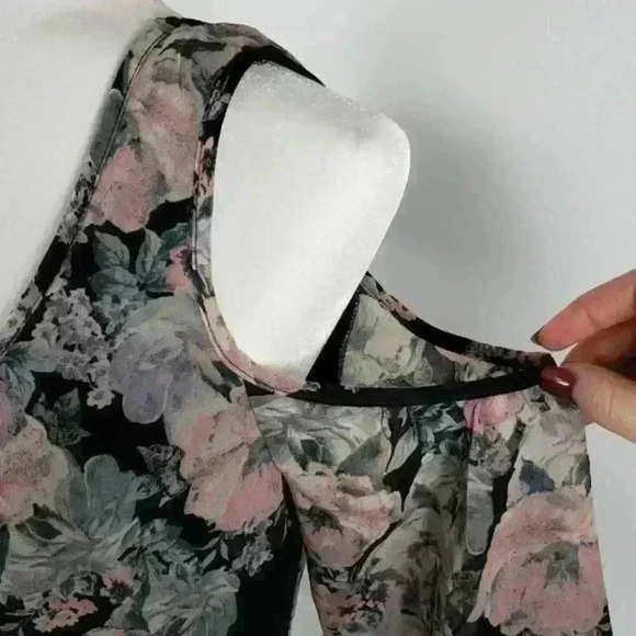 Maurices Floral Dress Cold Shoulder Scoop Neck Tie Back Black Pink Sheer Flowy - Picture 11 of 13